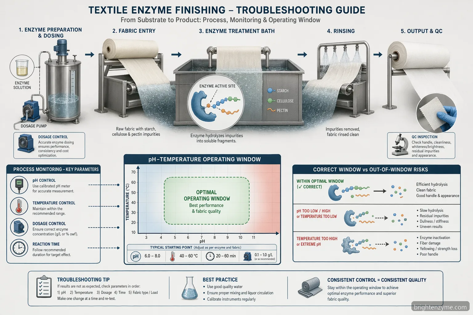french english glossay textile enzymes troubleshooting guide process diagram with pH, temperature and dosage windows