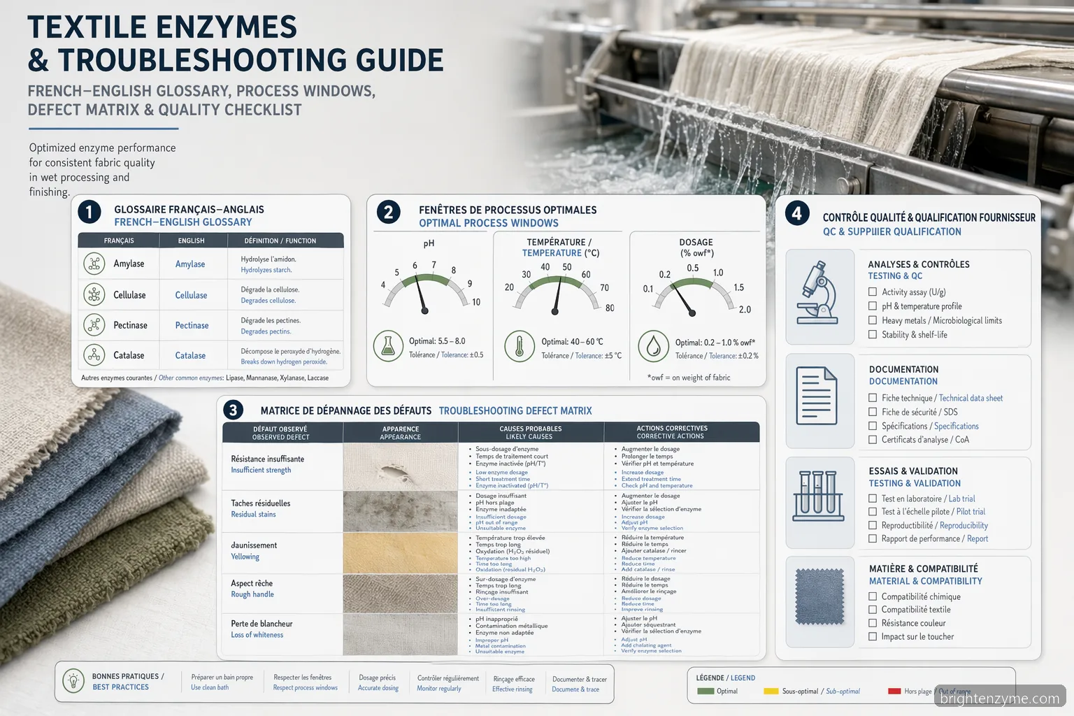 french english glossay textile enzymes guide: glossary, pH-temperature windows, QC checks and defects