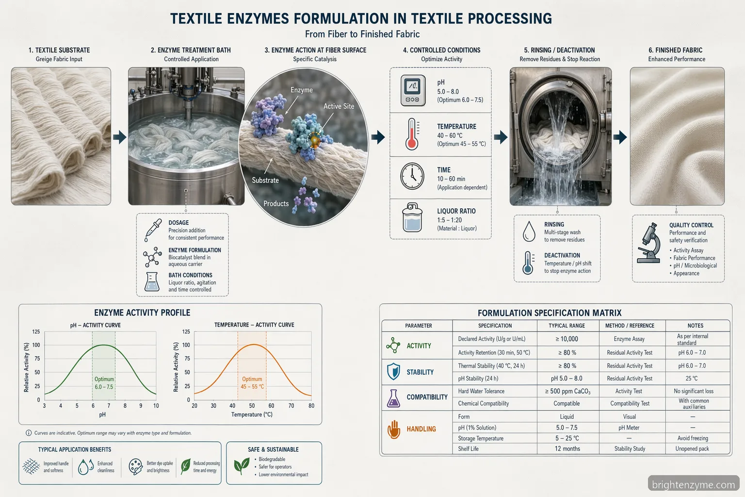textile enzymes formulation for textile processing diagram mapping pH, temperature, dosage, and substrate-to-product flow