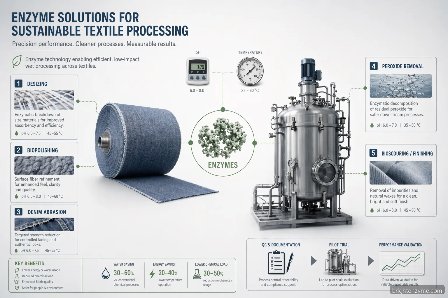 textile enzymes manufacturer in india process-ready finishing infographic with enzyme stages, QC checks and pilot validation