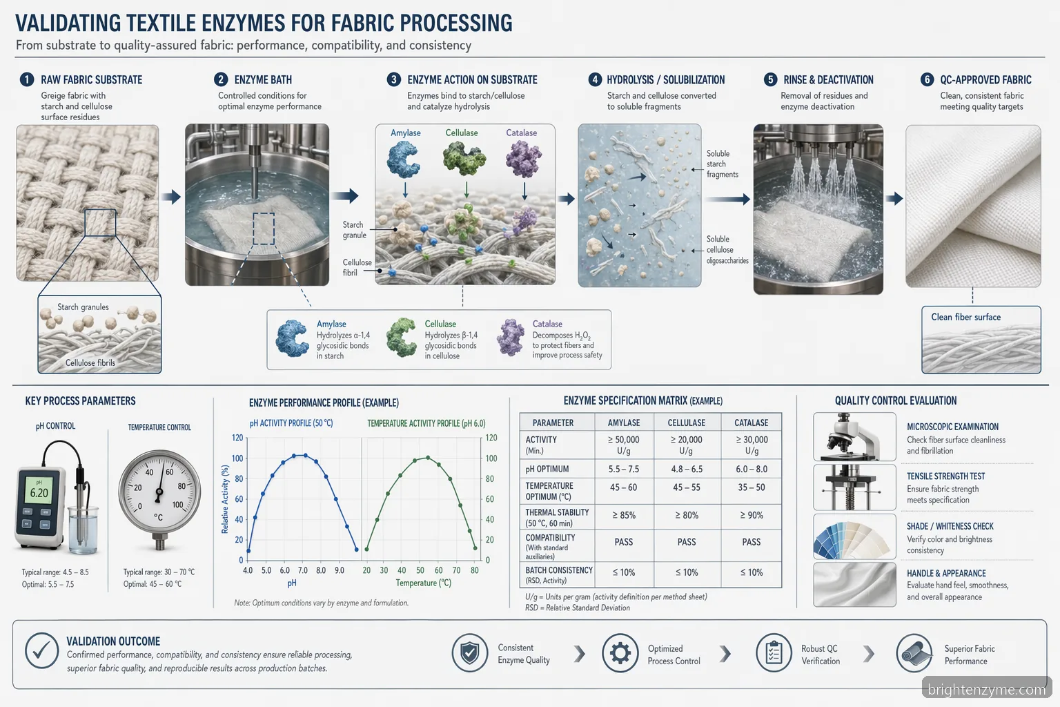 textile enzymes manufacturers validation diagram showing enzyme bath conditions, reaction flow, and QC checkpoints
