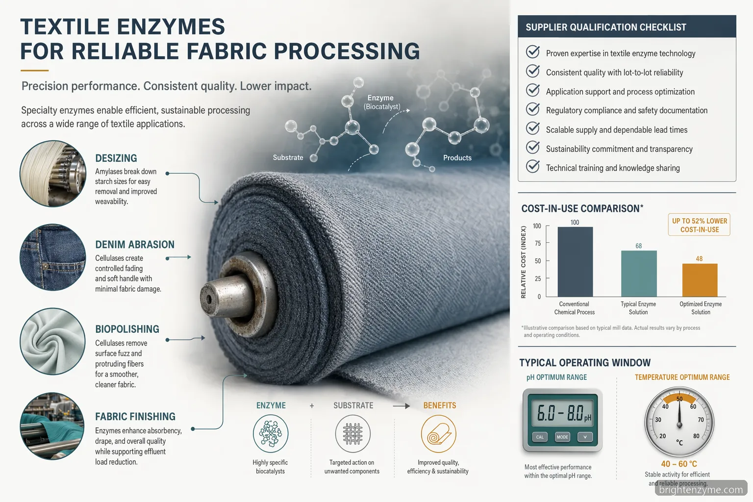 textile enzymes manufacturers for reliable fabric processing, with use cases, supplier checks, pH and cost cues