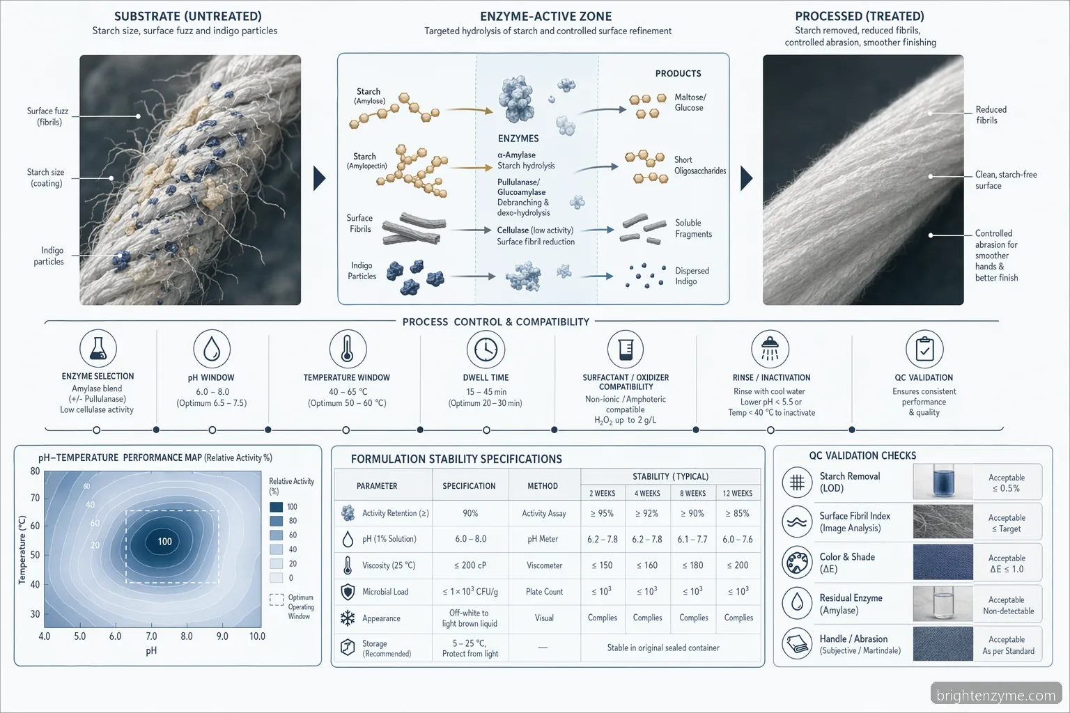 textile enzymes market process conditions diagram showing pH, temperature, substrate conversion and validation gates