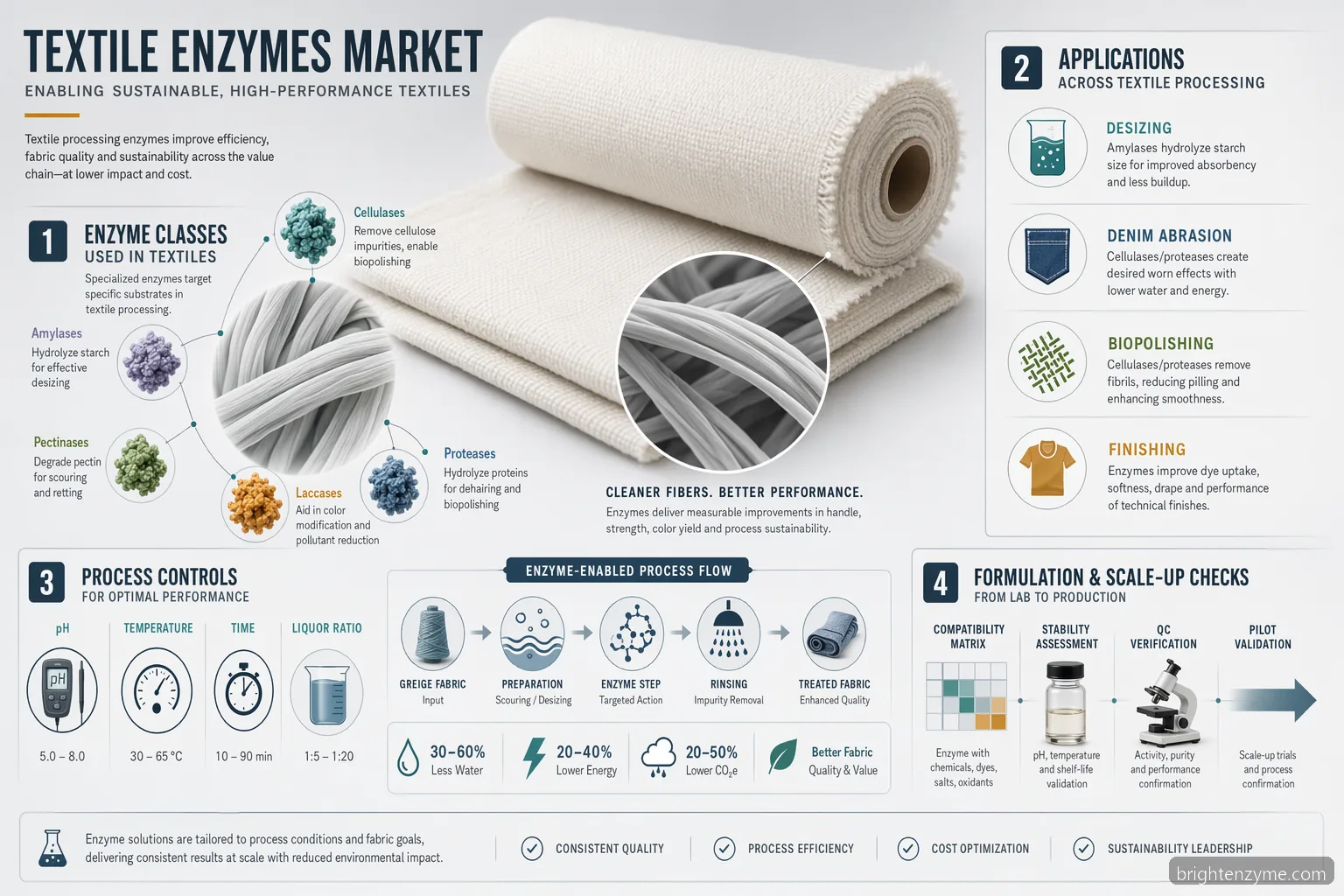 textile enzymes market textile processing formulations with enzyme classes, controls, compatibility and QC