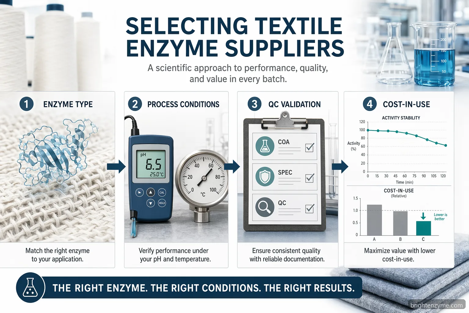textile enzymes suppliers checklist visual with enzyme types, process ranges, QC validation, and cost-in-use metrics